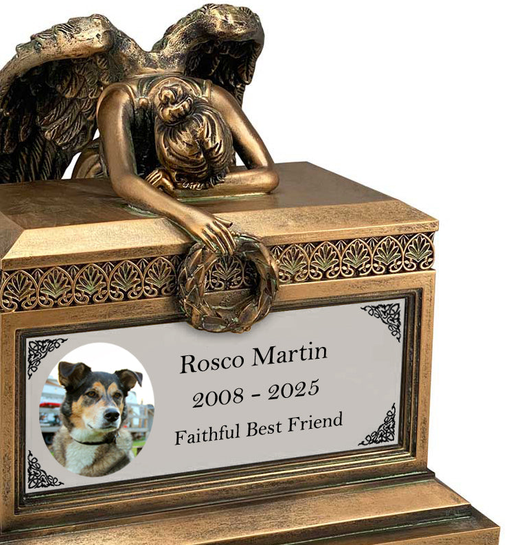 Weeping Angel Photo Pet Cremation Urn - Custom Wings & Silver Engraving - Beautiful Mourning Angel