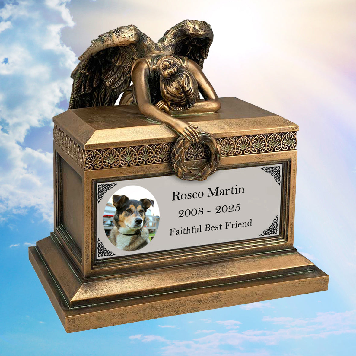 Weeping Angel Photo Pet Cremation Urn - Custom Wings & Silver Engraving - Beautiful Mourning Angel