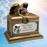 Weeping Angel Photo Pet Cremation Urn - Custom Wings & Silver Engraving - Beautiful Mourning Angel