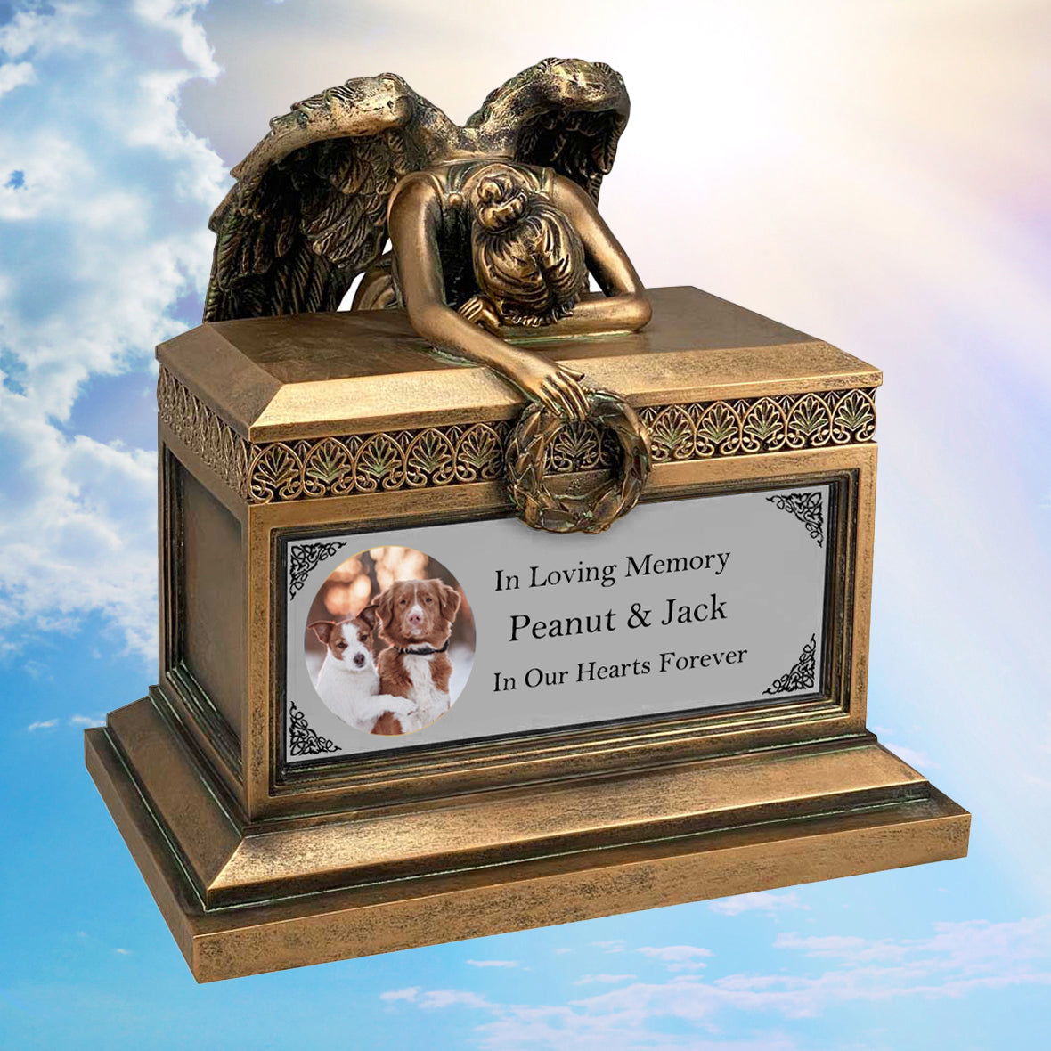Weeping Angel Photo Pet Cremation Urn - Custom Wings & Silver Engraving - Beautiful Mourning Angel