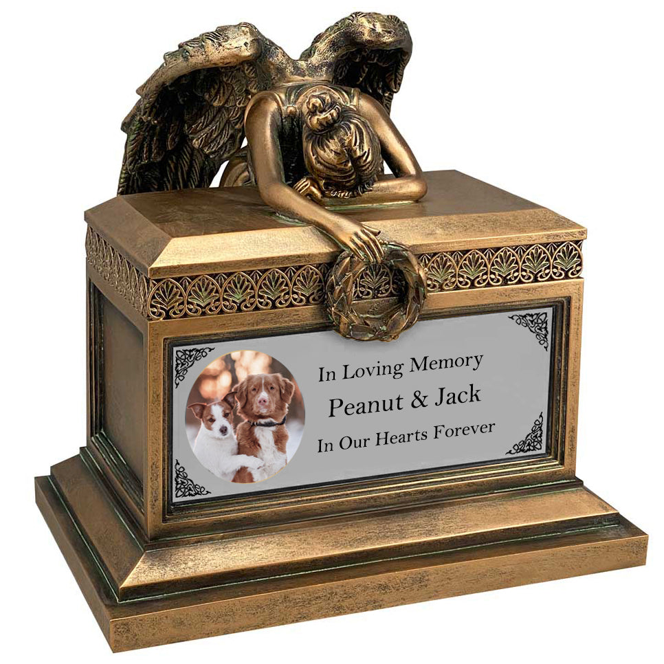 Weeping Angel Photo Pet Cremation Urn - Custom Wings & Silver Engraving - Beautiful Mourning Angel