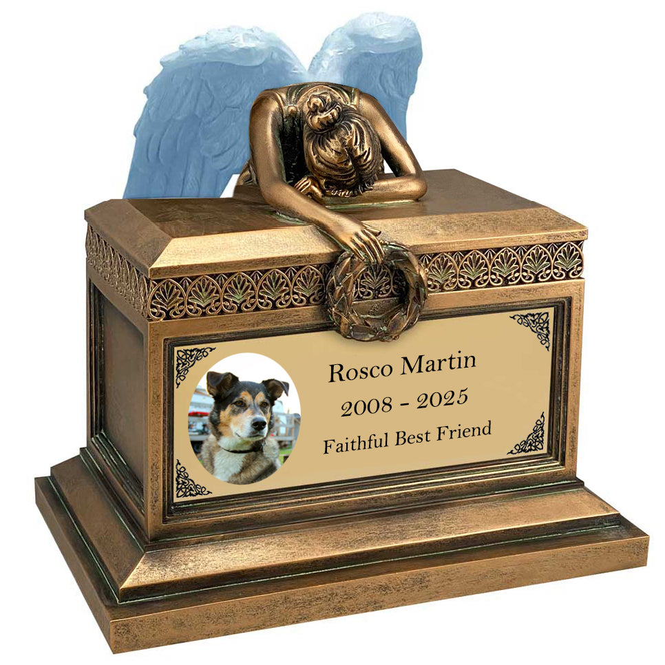 Weeping Angel Photo Pet Cremation Urn - Custom Wings & Gold Engraving - Beautiful Mourning Angel