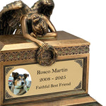 Weeping Angel Photo Pet Cremation Urn - Custom Wings & Gold Engraving - Beautiful Mourning Angel