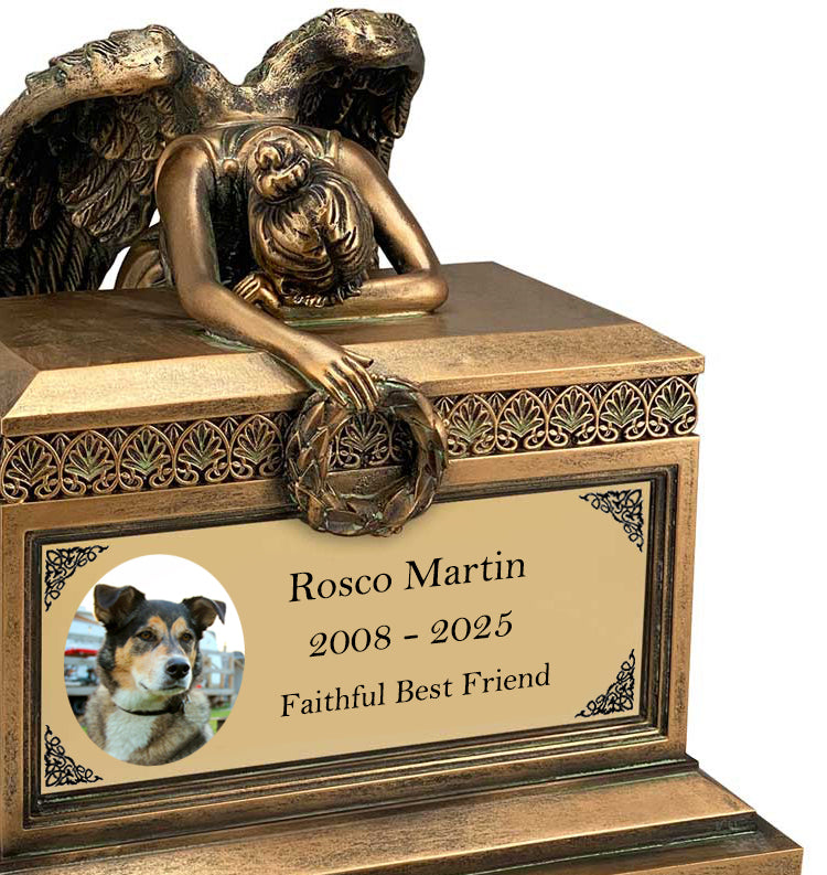 Weeping Angel Photo Pet Cremation Urn - Custom Wings & Gold Engraving - Beautiful Mourning Angel