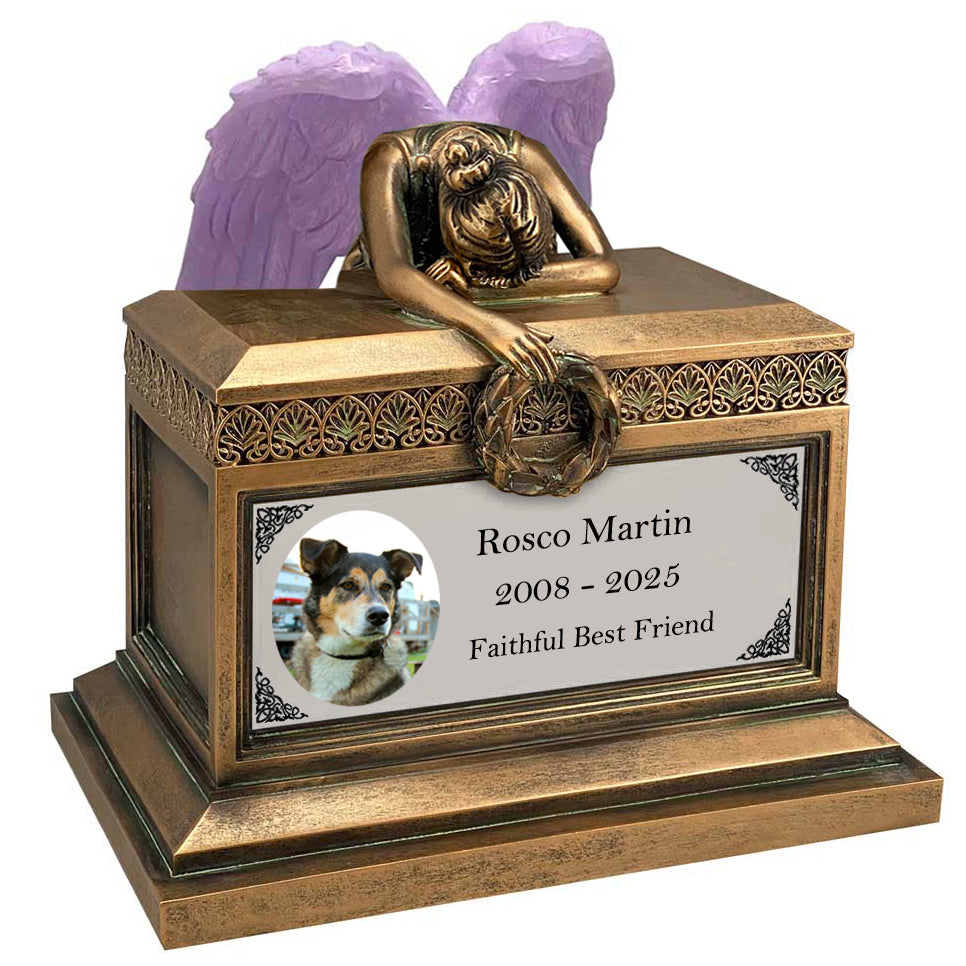 Weeping Angel Photo Pet Cremation Urn - Custom Wings & Silver Engraving - Beautiful Mourning Angel