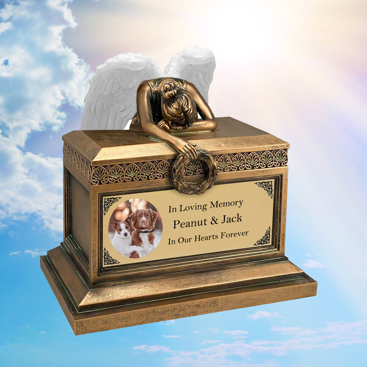 Weeping Angel Photo Pet Cremation Urn - Custom Wings & Gold Engraving - Beautiful Mourning Angel