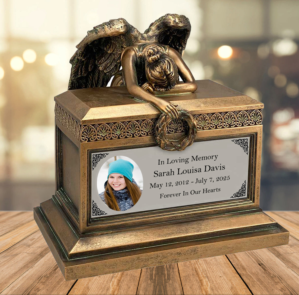 Weeping Angel Photo Child Cremation Urn - Custom Wings & Silver Engraving - Beautiful Mourning Angel