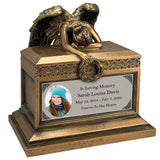 Weeping Angel Photo Child Cremation Urn - Custom Wings & Silver Engraving - Beautiful Mourning Angel