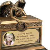 Weeping Angel Photo Child Cremation Urn - Custom Wings & Gold Engraving - Beautiful Mourning Angel