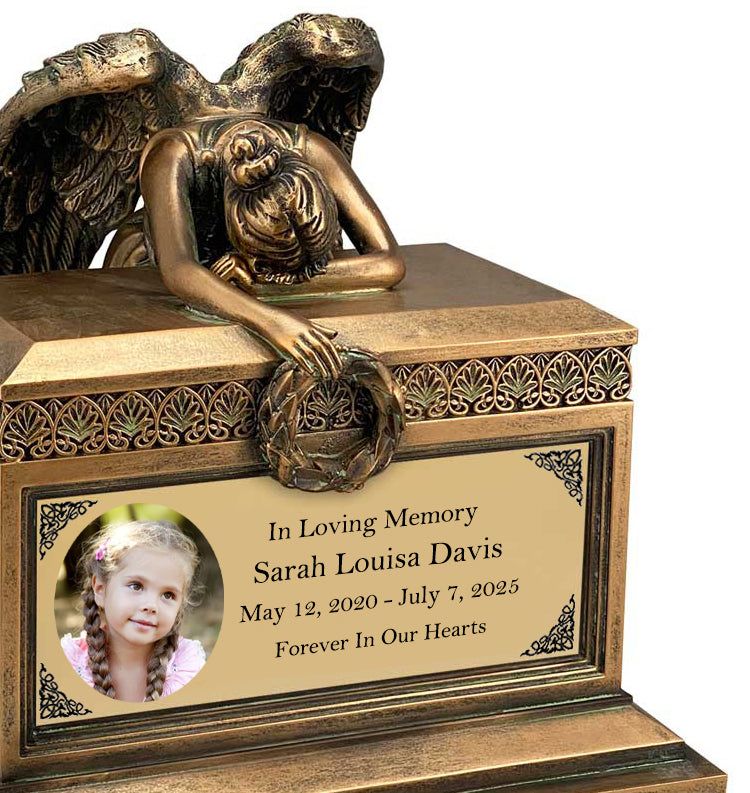 Weeping Angel Photo Child Cremation Urn - Custom Wings & Gold Engraving - Beautiful Mourning Angel