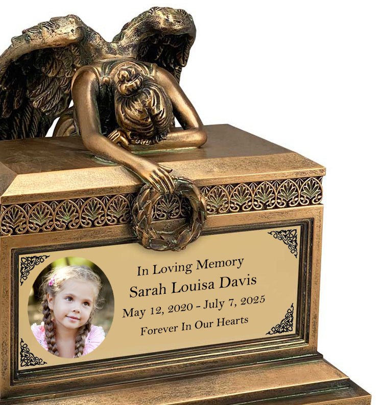 Weeping Angel Photo Child Cremation Urn - Custom Wings & Gold Engraving - Beautiful Mourning Angel