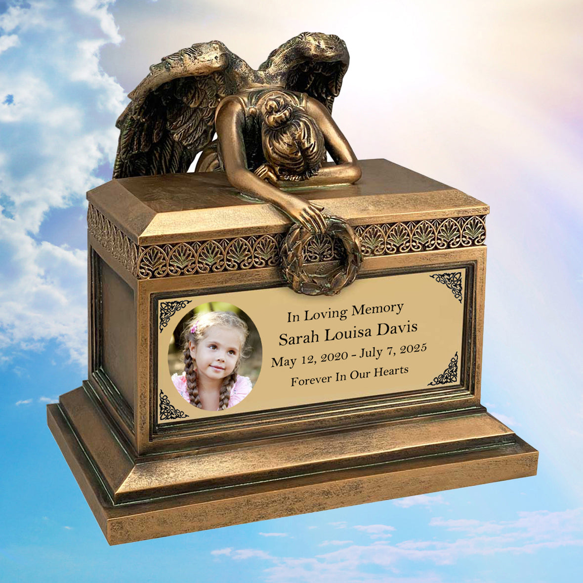Weeping Angel Photo Child Cremation Urn - Custom Wings & Gold Engraving - Beautiful Mourning Angel