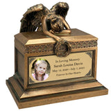 Weeping Angel Photo Child Cremation Urn - Custom Wings & Gold Engraving - Beautiful Mourning Angel