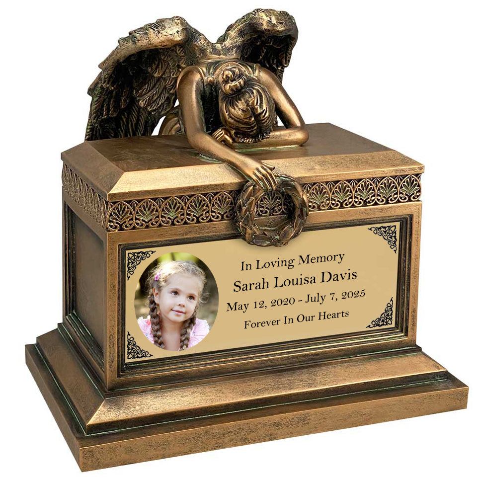 Weeping Angel Photo Child Cremation Urn - Custom Wings & Gold Engraving - Beautiful Mourning Angel