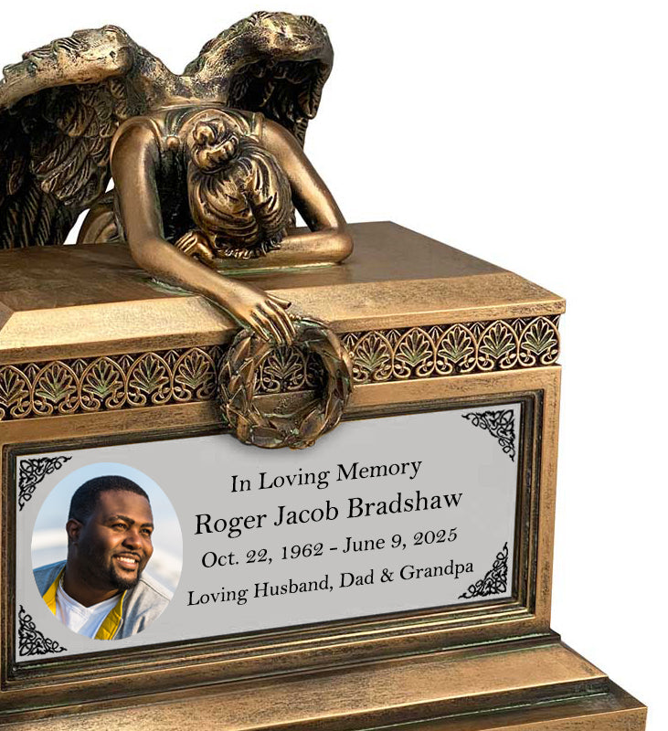 Weeping Angel Photo Adult Cremation Urn - Custom Wings & Plate Engraving - Beautiful Mourning Angel