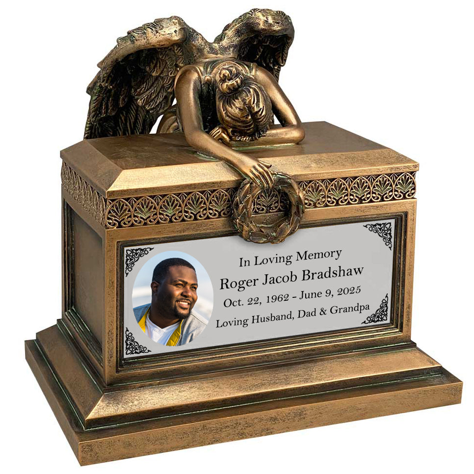 Weeping Angel Photo Adult Cremation Urn - Custom Wings & Plate Engraving - Beautiful Mourning Angel