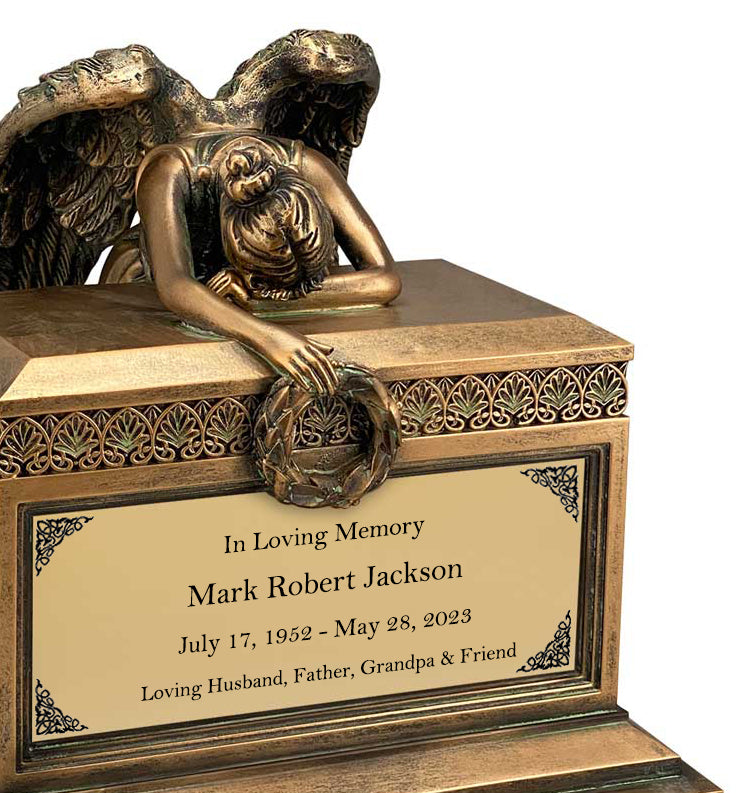 Weeping Angel Bronze Adult Cremation Urn - Custom Plate and Wings - Beautiful Mourning Angel