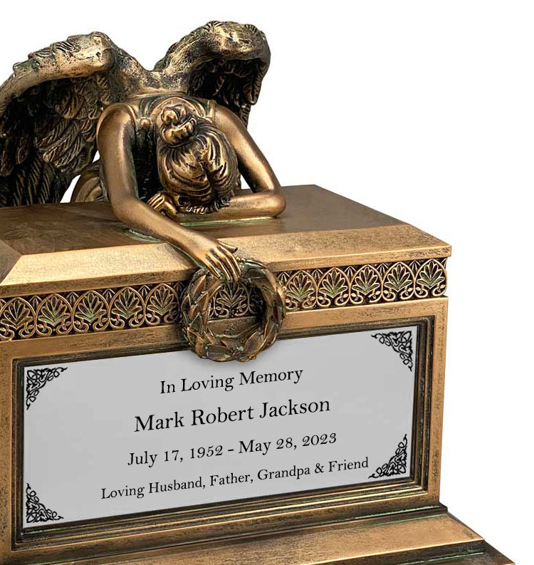 Weeping Angel Bronze Adult Cremation Urn - Custom Plate and Wings - Beautiful Mourning Angel