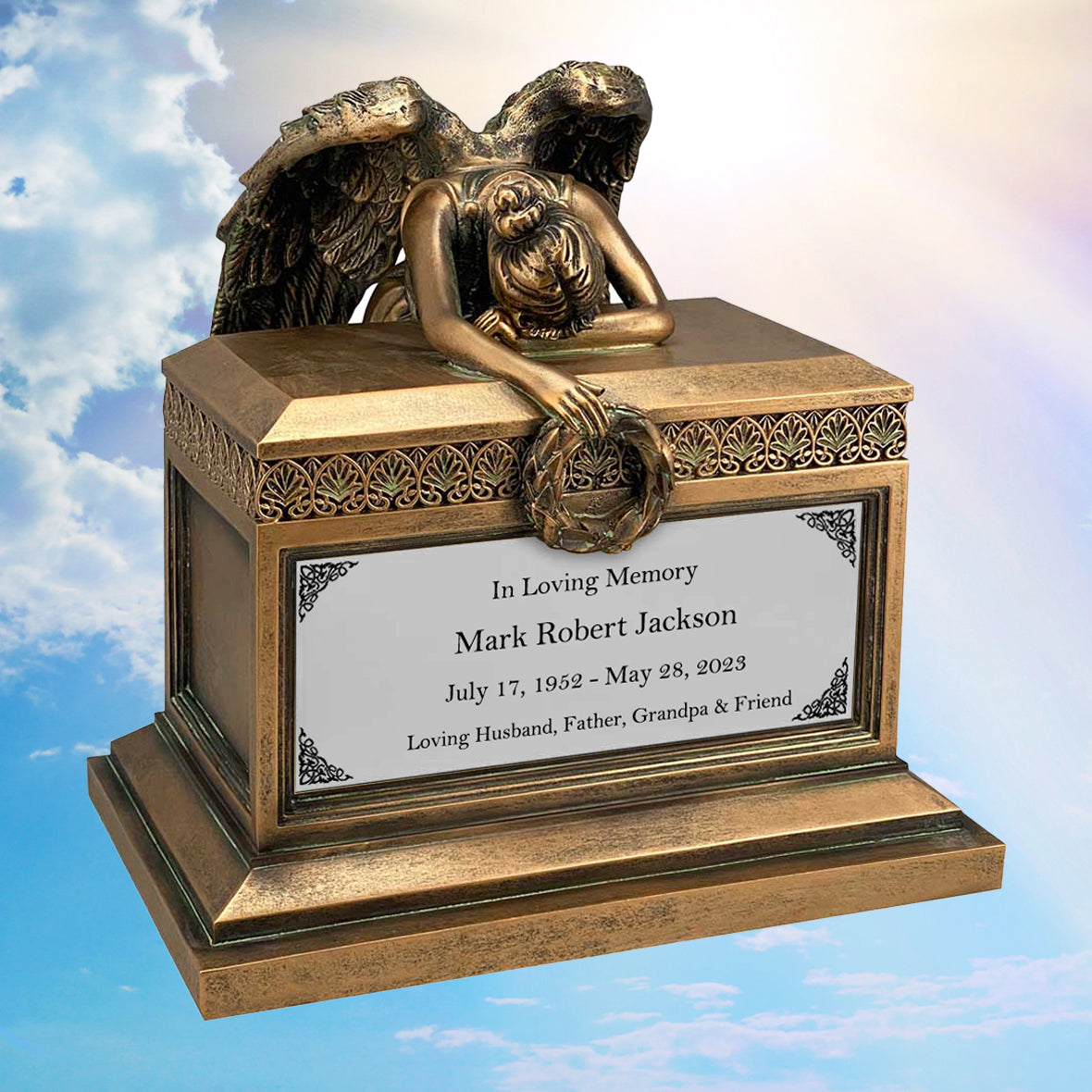 Weeping Angel Bronze Adult Cremation Urn - Custom Plate and Wings - Beautiful Mourning Angel