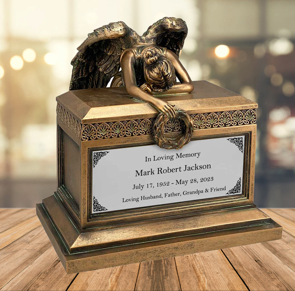 Weeping Angel Bronze Adult Cremation Urn - Custom Plate and Wings - Beautiful Mourning Angel