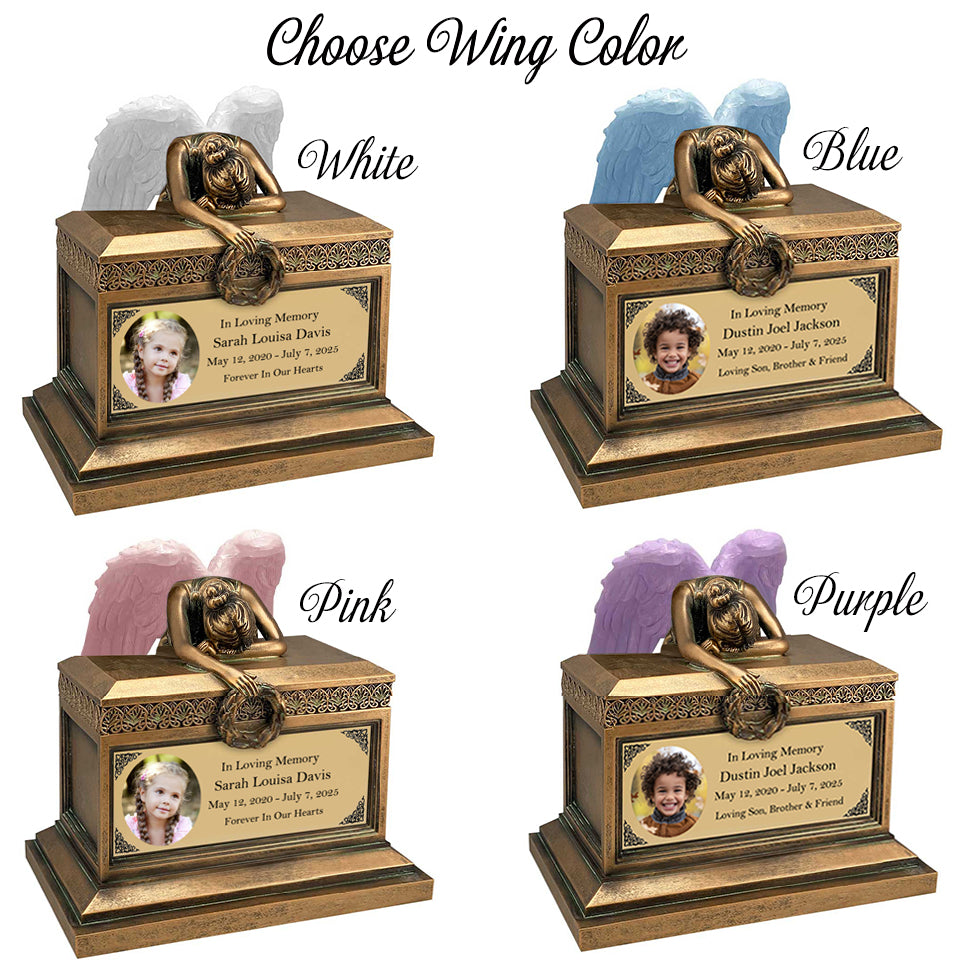 Weeping Angel Photo Child Cremation Urn - Custom Wings & Gold Engraving - Beautiful Mourning Angel