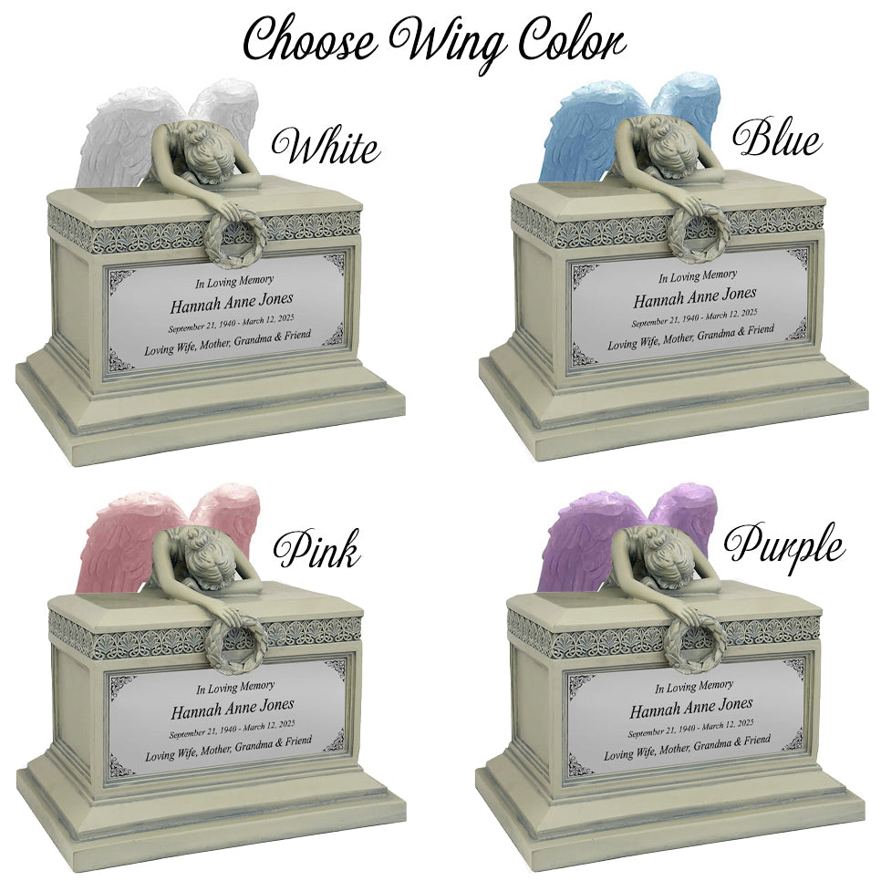 Weeping Angel Patina Adult Cremation Urn - Custom Plate and Wings - Beautiful Mourning Angel