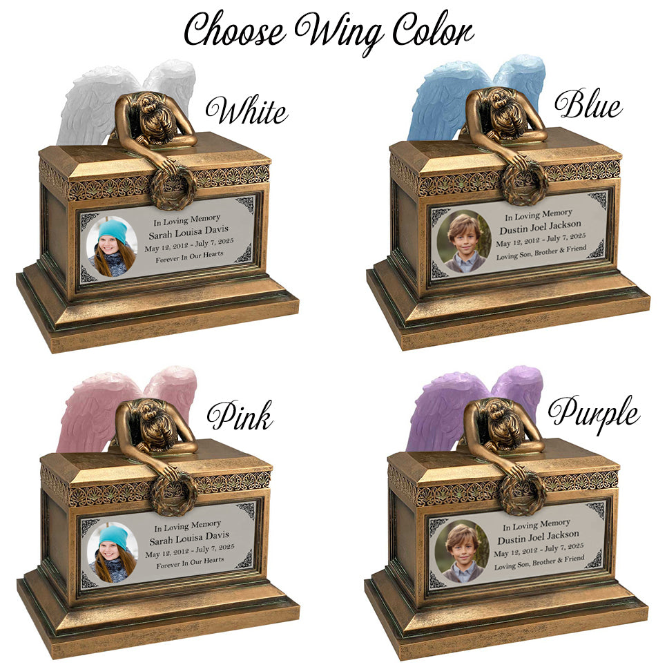 Weeping Angel Photo Child Cremation Urn - Custom Wings & Silver Engraving - Beautiful Mourning Angel