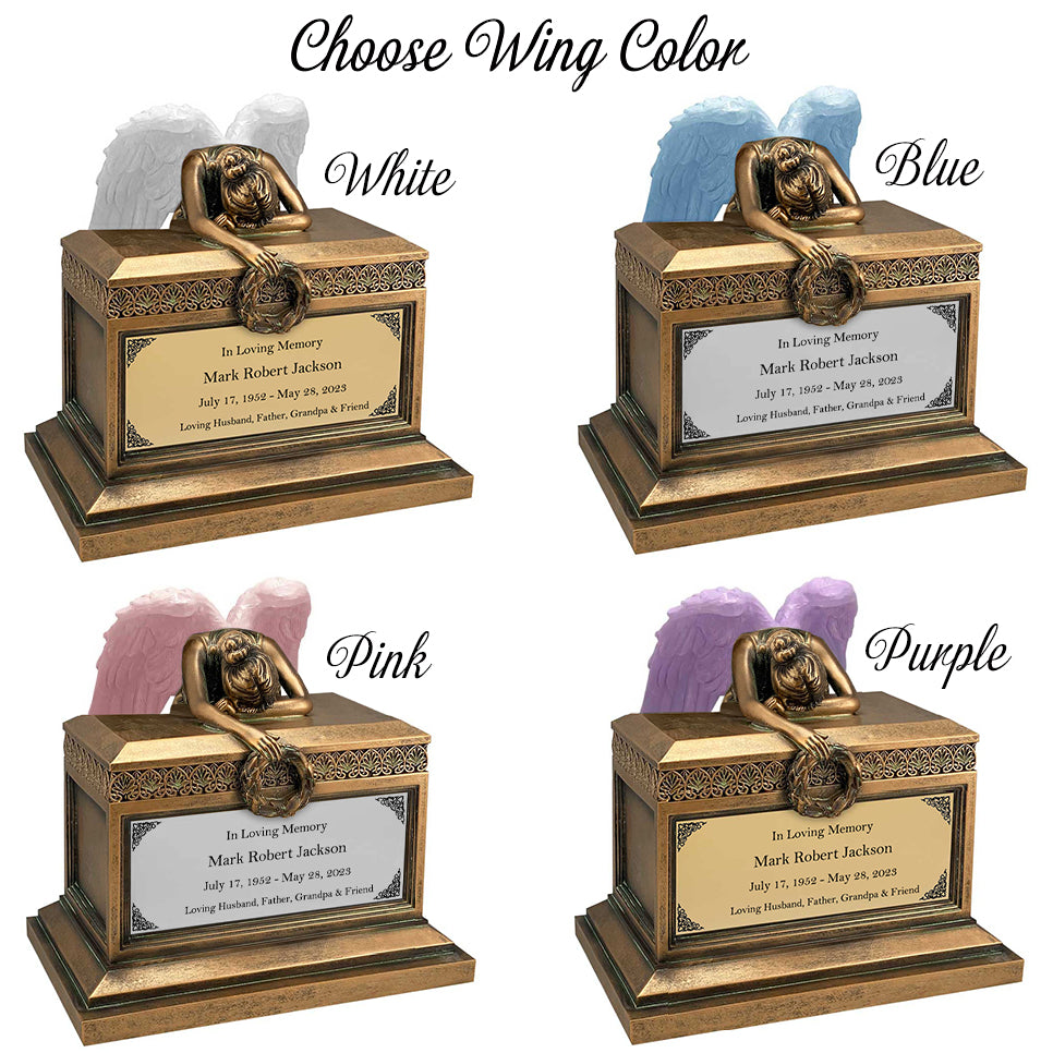 Weeping Angel Bronze Adult Cremation Urn - Custom Plate and Wings - Beautiful Mourning Angel