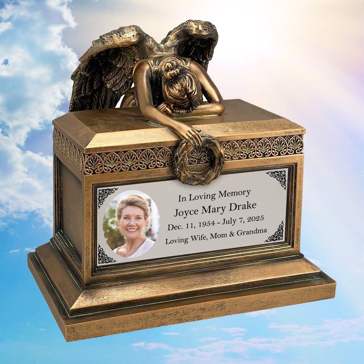 Weeping Angel Photo Adult Cremation Urn - Custom Wings & Plate Engraving - Beautiful Mourning Angel