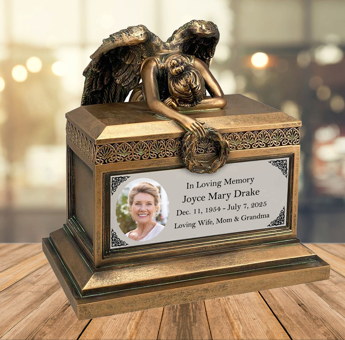 Weeping Angel Photo Adult Cremation Urn - Custom Wings & Plate Engraving - Beautiful Mourning Angel