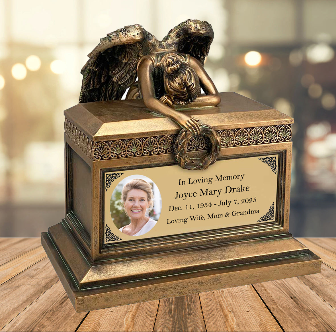 Weeping Angel Photo Adult Cremation Urn - Custom Wings & Plate Engraving - Beautiful Mourning Angel