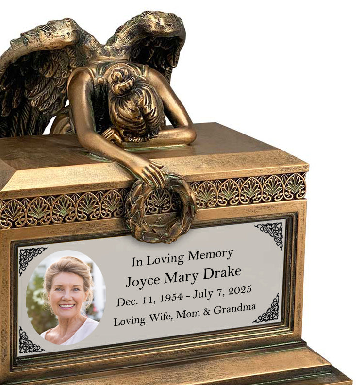 Weeping Angel Photo Adult Cremation Urn - Custom Wings & Plate Engraving - Beautiful Mourning Angel