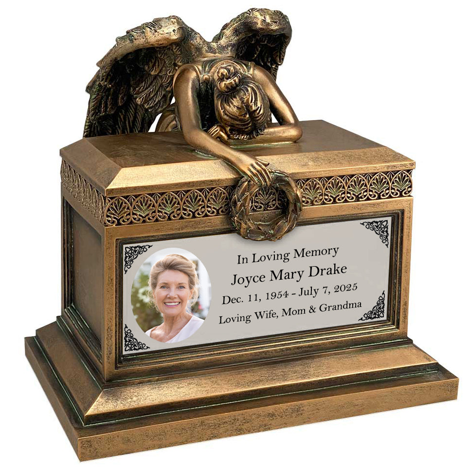 Weeping Angel Photo Adult Cremation Urn - Custom Wings & Silver Engraving - Beautiful Mourning Angel