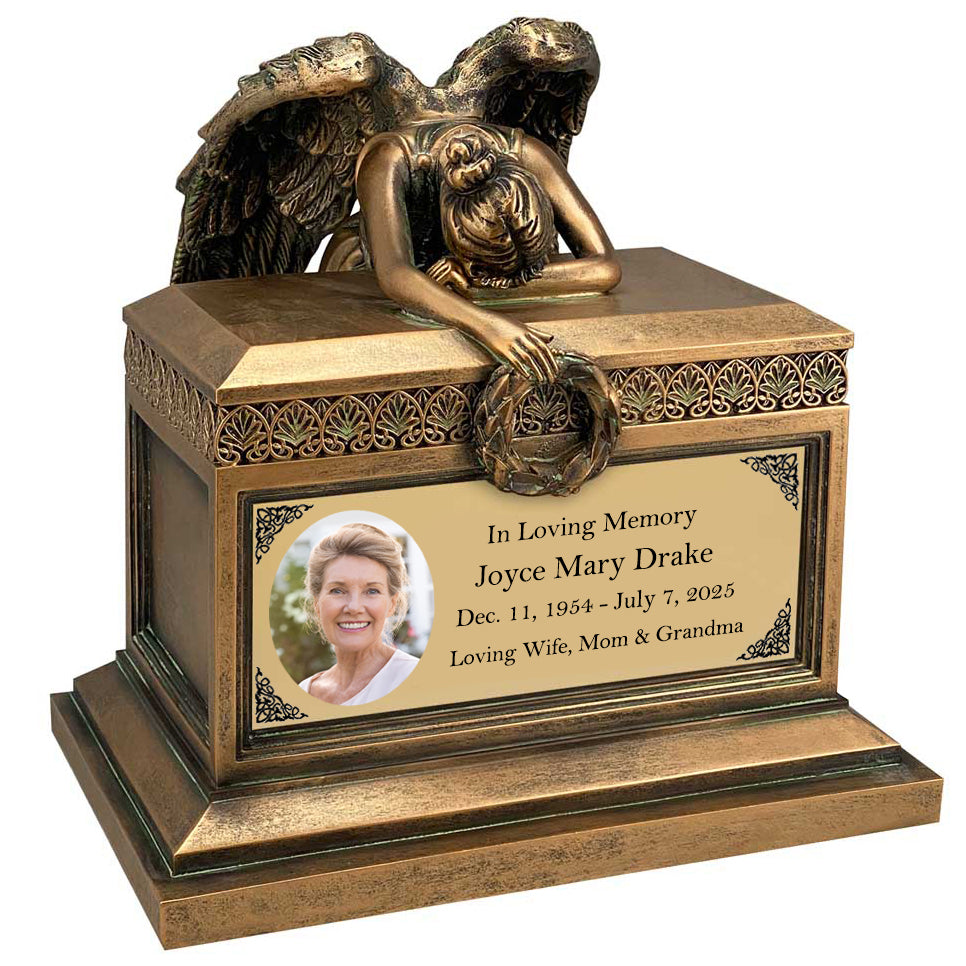 Weeping Angel Photo Adult Cremation Urn - Custom Wings & Plate Engraving - Beautiful Mourning Angel