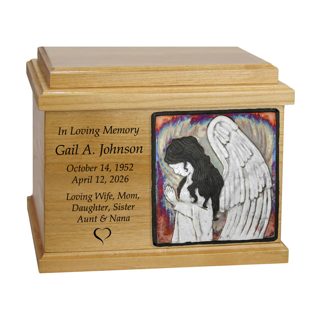 Oak Wood Raku Tile Adult Cremation Urns - Free Engraving