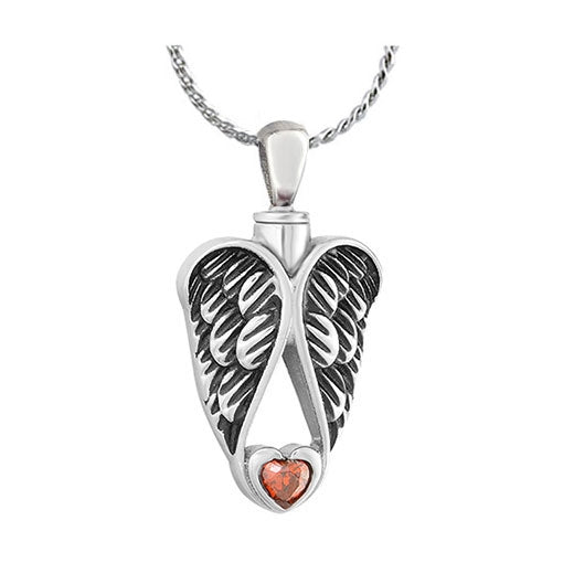 Angel Wings Ruby Heart Stainless Pendant Urn - Love Charms Option