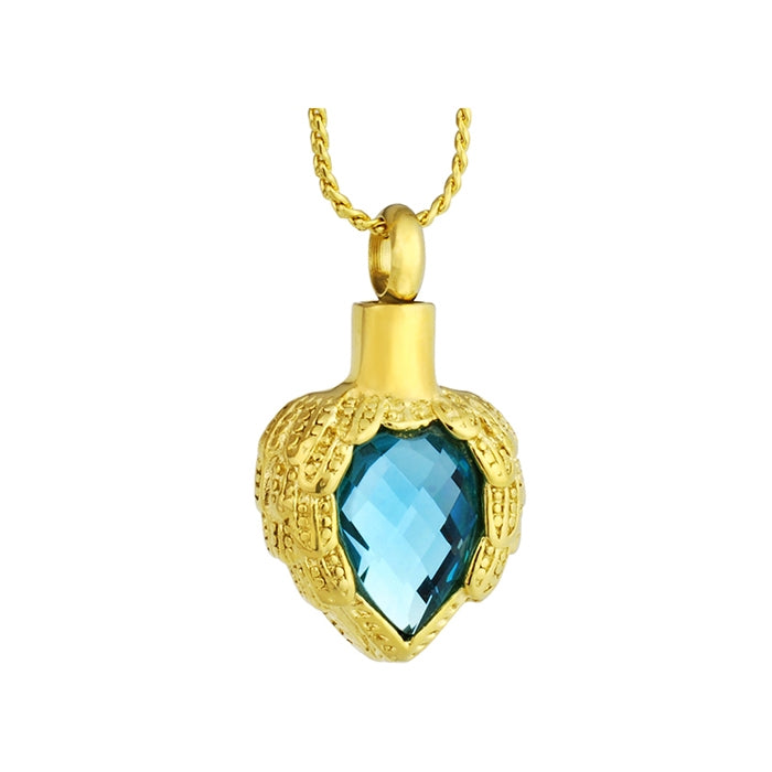 Aqua Winged Heart Gold Necklace Ash Urn - Love Charms Option