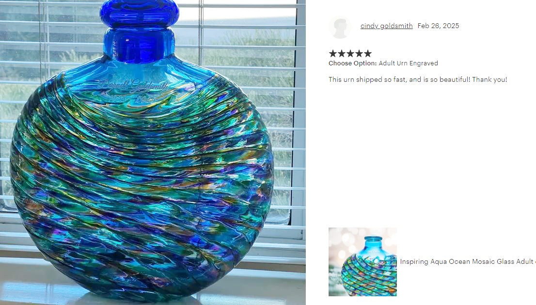 Inspiring Aqua Ocean Mosaic Glass Adult (SOLD OUT) or Medium Urn - Personalization Option - Made in USA
