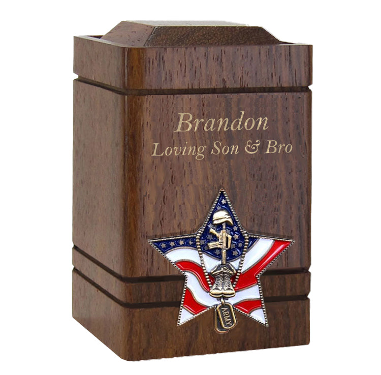 US Army Battle Cross Star Cherry Keepsake Urn - Small Wooden Urn