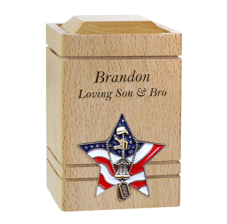 US Army Battle Cross Star Cherry Keepsake Urn - Small Wooden Urn