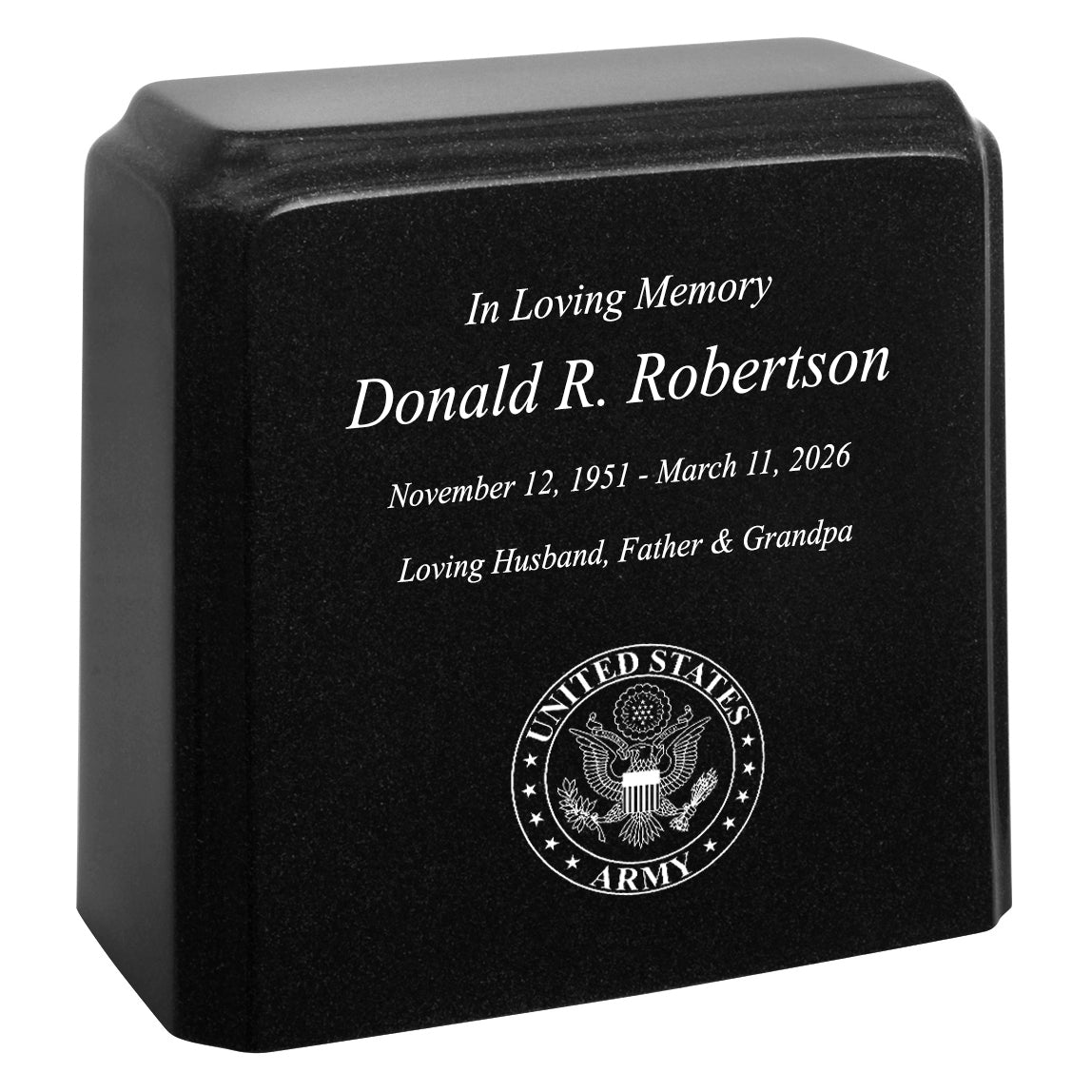 United States Army Cultured Marble Niche Cremation Urn - 12 Color Choices - Vault Option