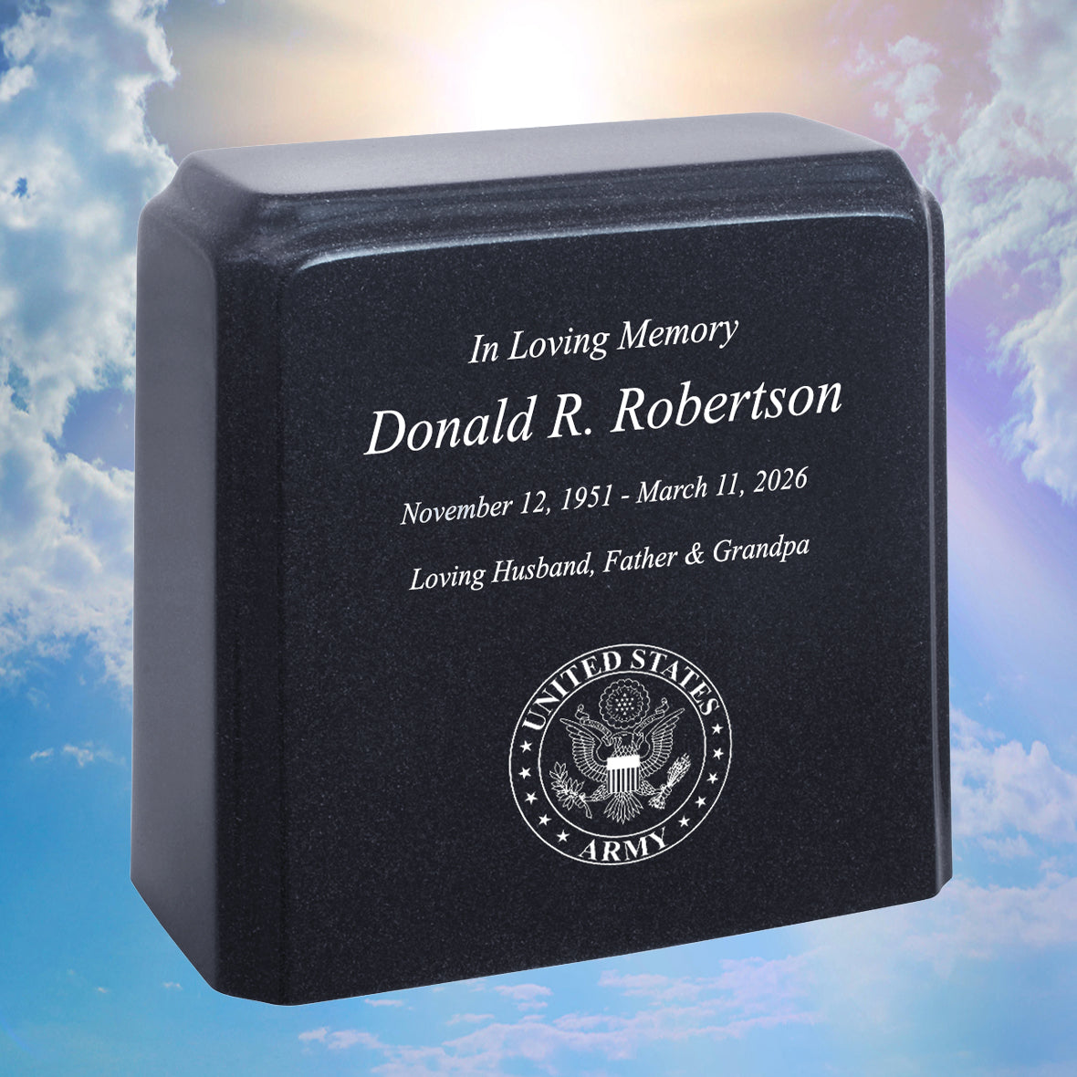 United States Army Cultured Marble Niche Cremation Urn - 12 Color Choices - Vault Option