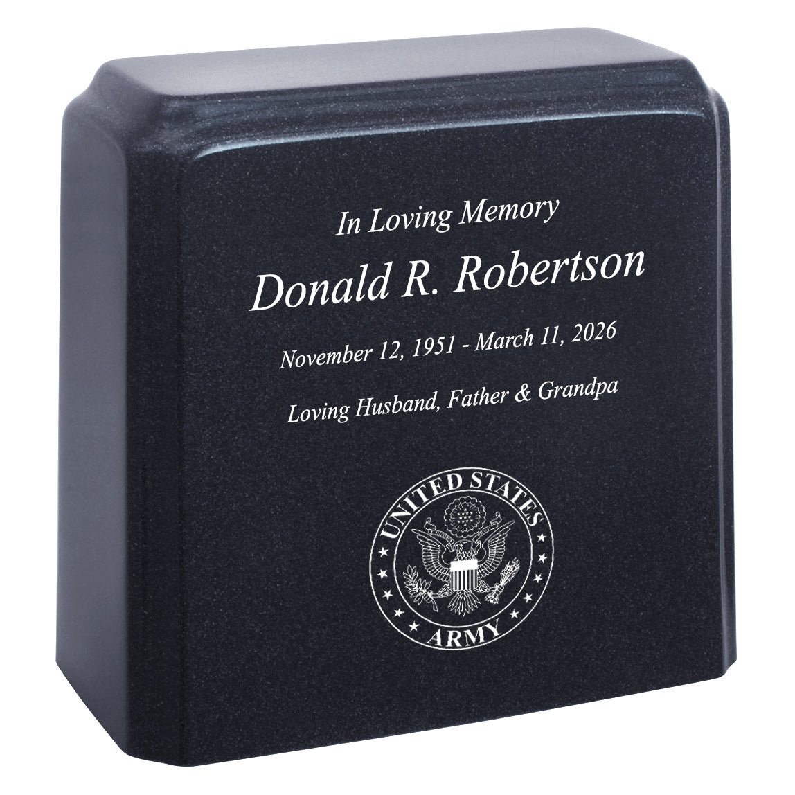 United States Army Cultured Marble Niche Cremation Urn - 12 Color Choices - Vault Option