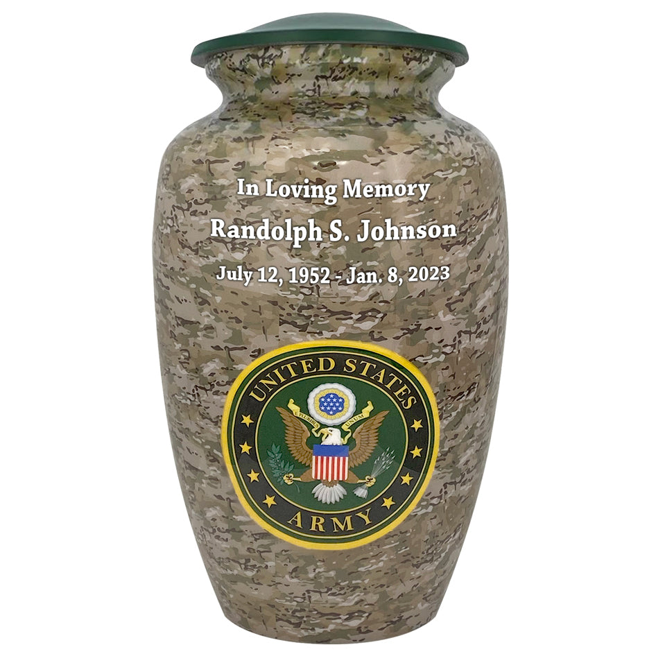 US Army Camouflage Cremation Urn - Tribute Wreath™ Option - Pro Sand Carved Engraving