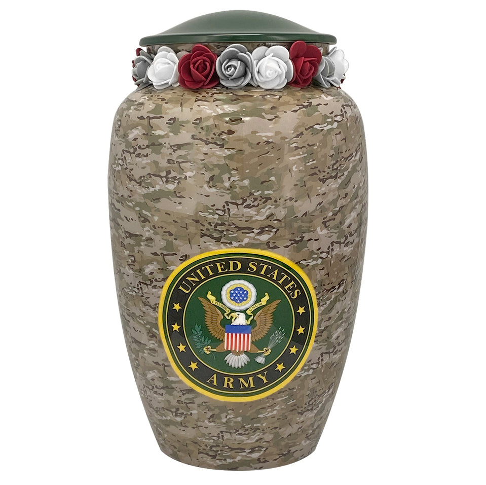 US Army Camouflage Cremation Urn - Tribute Wreath™ Option - Pro Sand Carved Engraving
