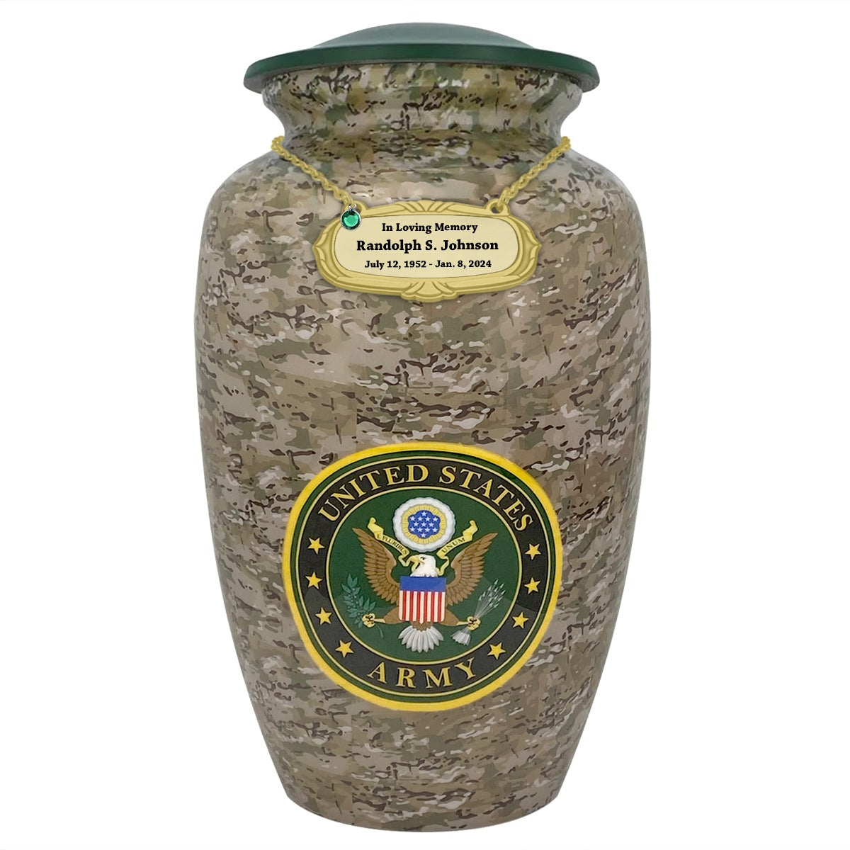 US Army Camouflage Cremation Urn - Tribute Wreath™ Option - Pro Sand Carved Engraving