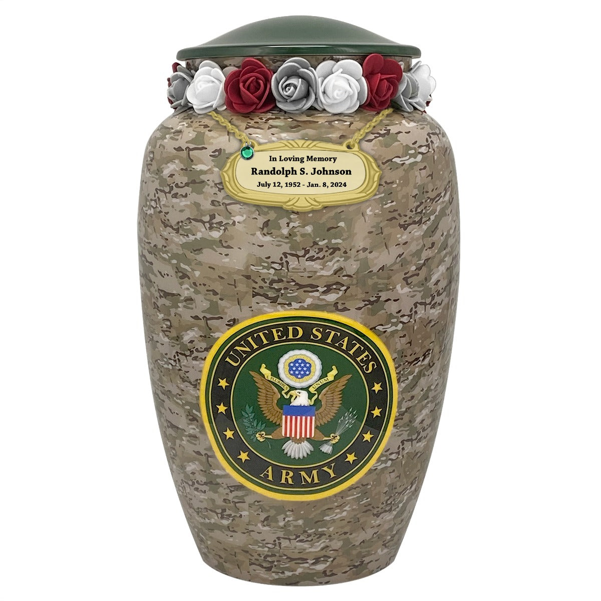 US Army Camouflage Cremation Urn - Tribute Wreath™ Option - Pro Sand Carved Engraving
