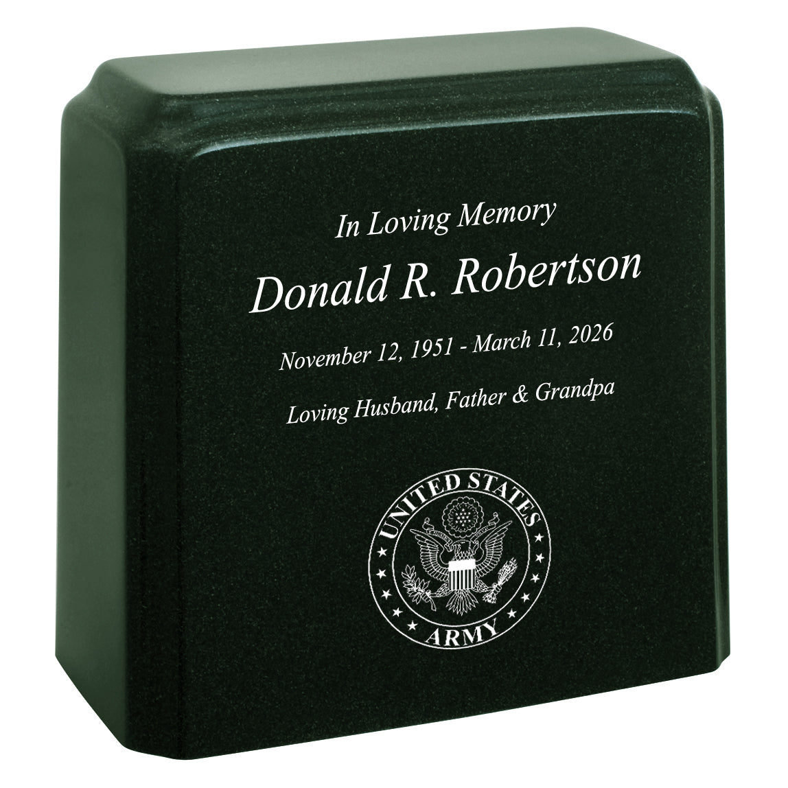 United States Army Cultured Marble Niche Cremation Urn - 12 Color Choices - Vault Option