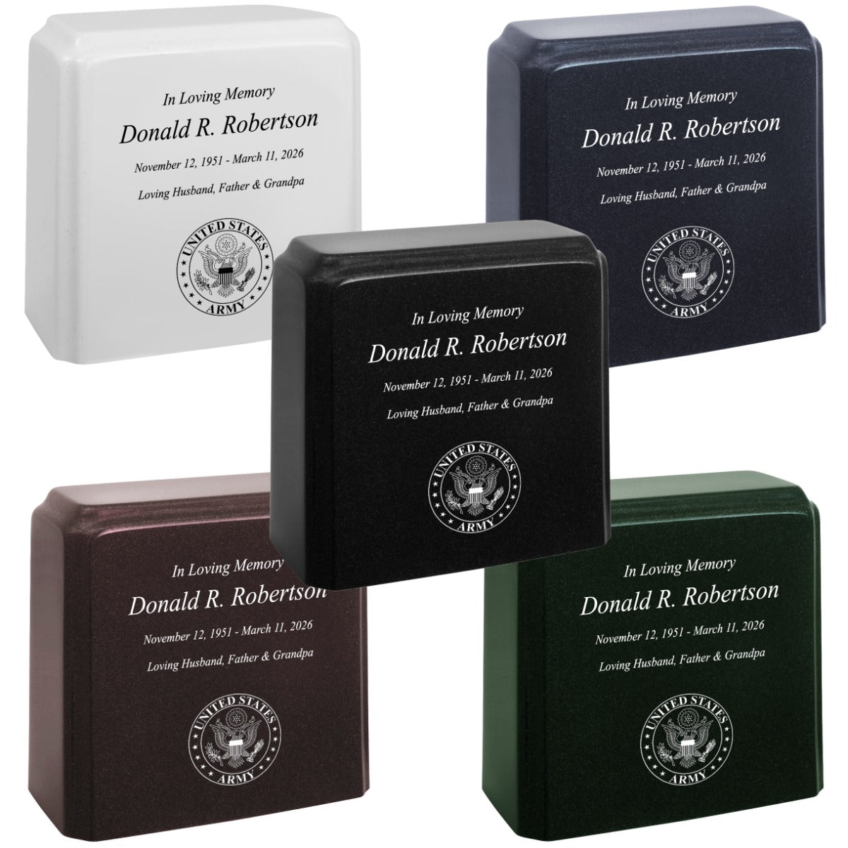 United States Army Cultured Marble Niche Cremation Urn - 12 Color Choices - Vault Option