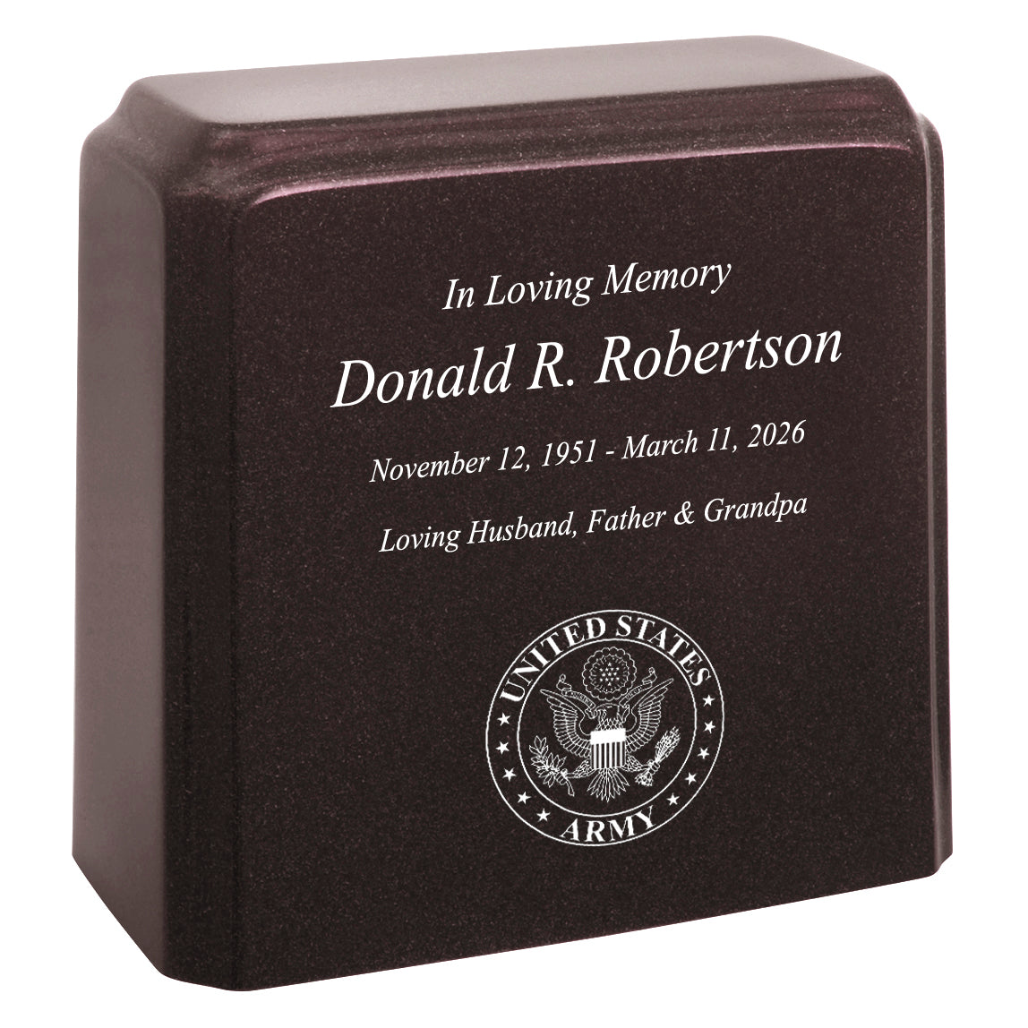 United States Army Cultured Marble Niche Cremation Urn - 12 Color Choices - Vault Option